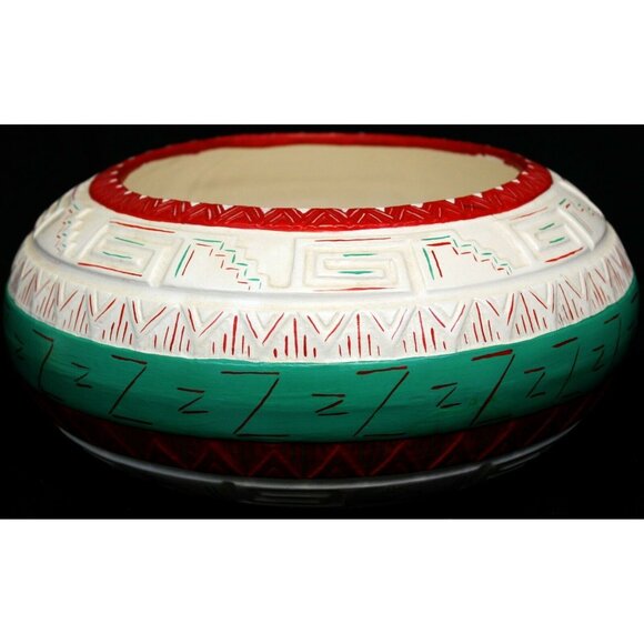 Hand Painted Ceramic Bowl Vase Indian Geometric White Green Red Striped Native - Picture 1 of 9